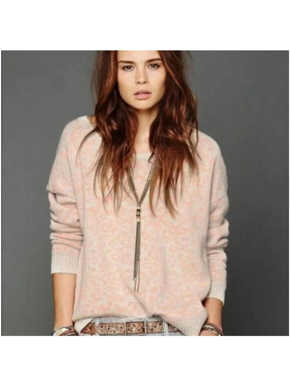 Free People Beige Peach Animal Print Boat Neck Alpaca Blend Sweater- Size Small - Picture 2 of 9